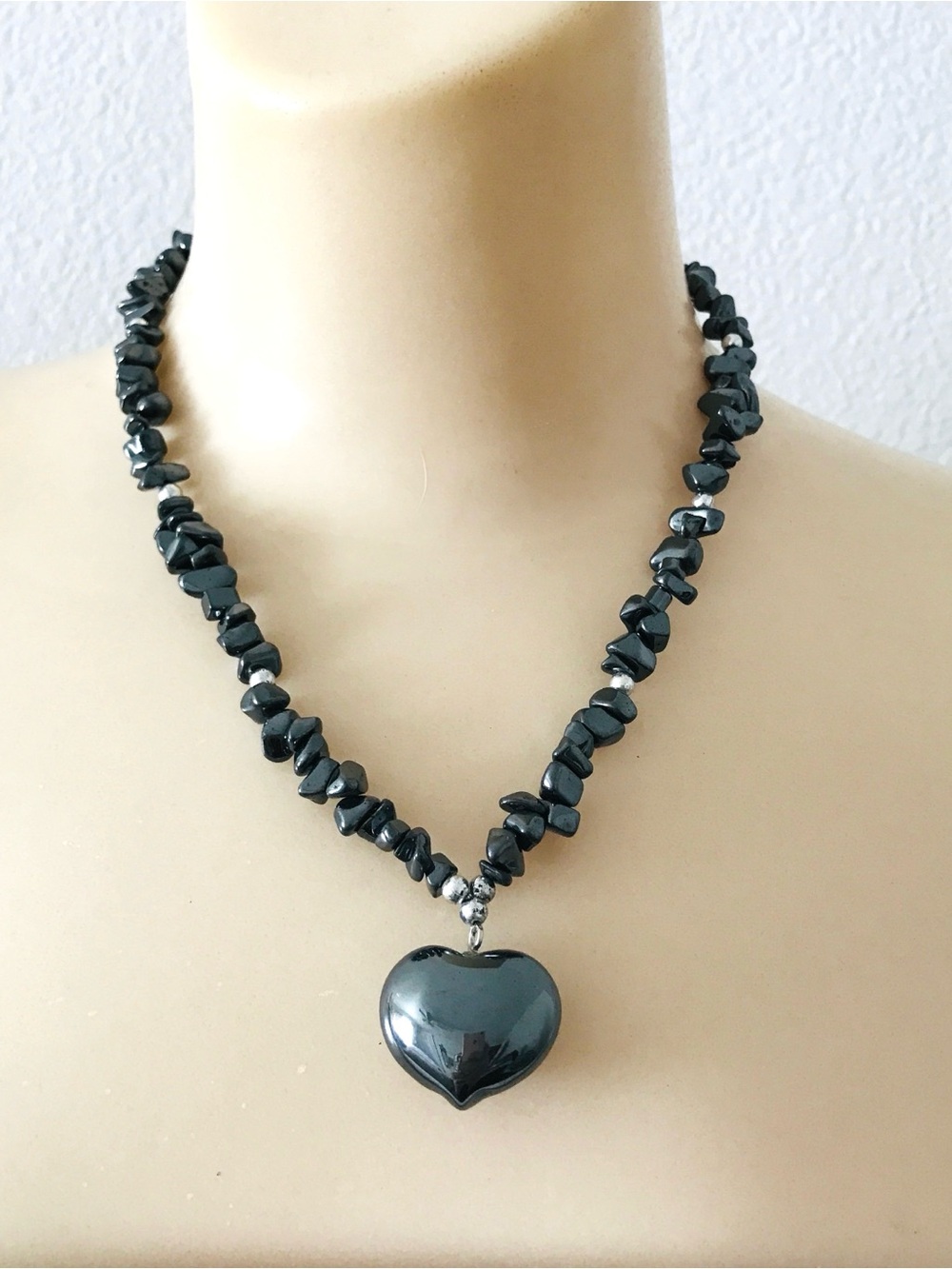 Women's Raw Hematite Chip Necklace with Puffy Heart Pendent Barrel Clasp